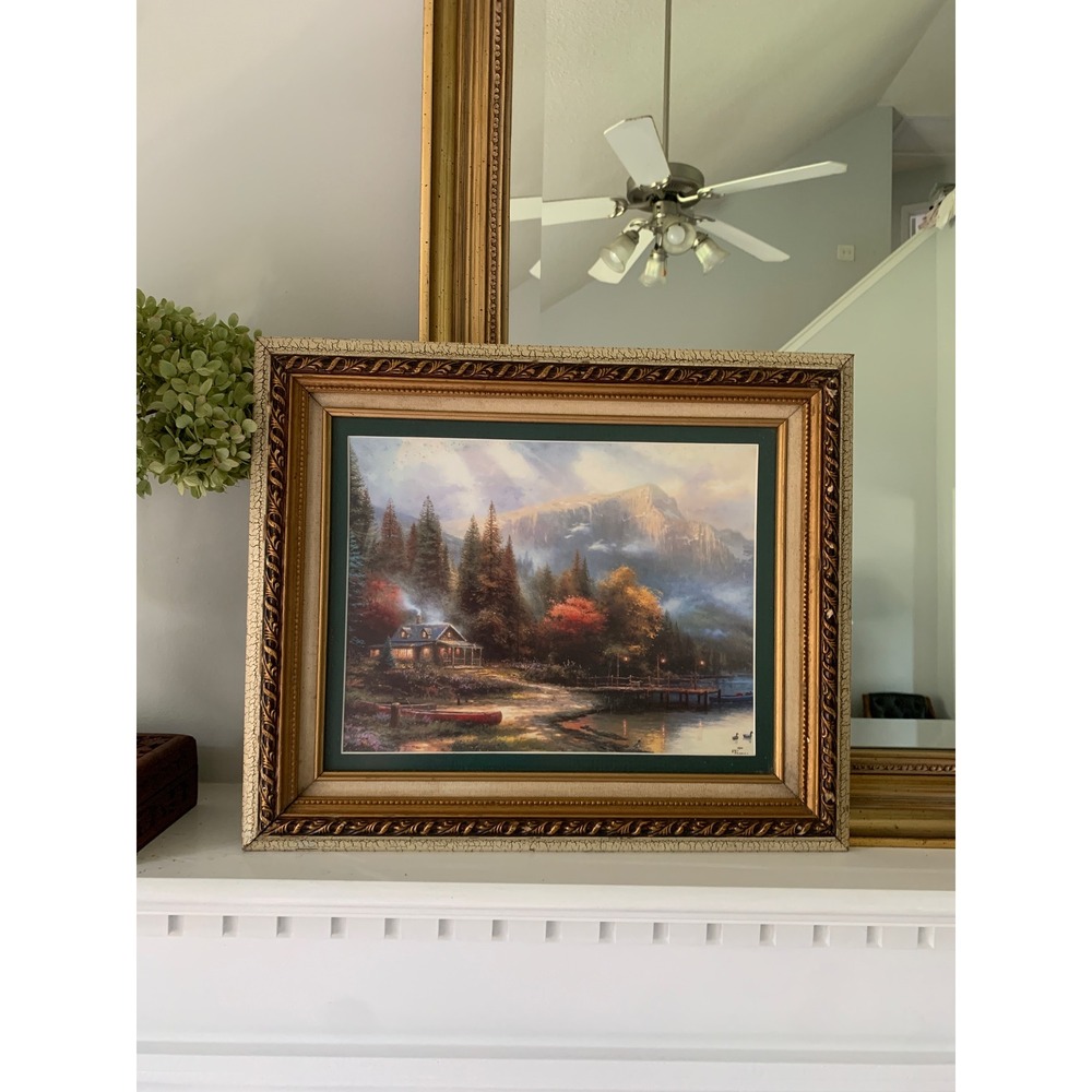 Thomas Kinkade Mountain Retreat Framed Lithograph Print Cabin Lake Scene Gold